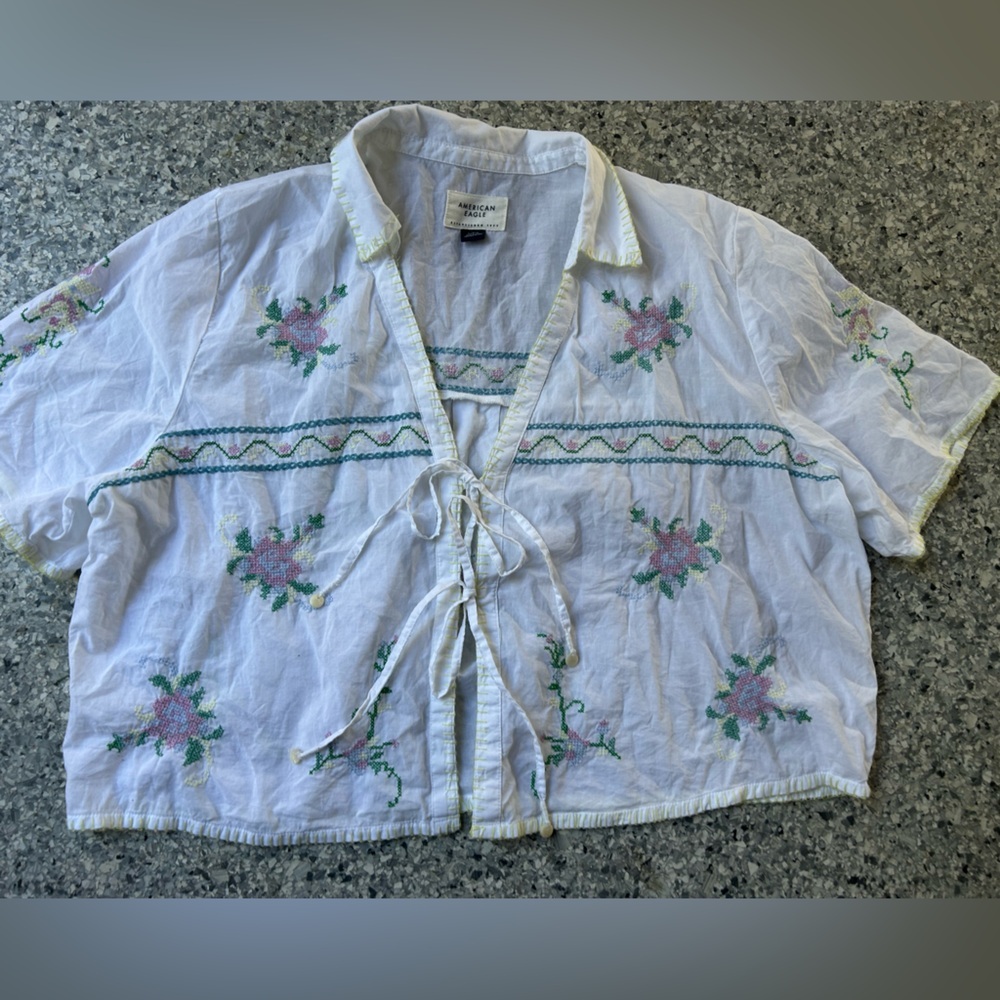 AE Collared Tie Front Embroidered Shirt - Picture 9 of 16
